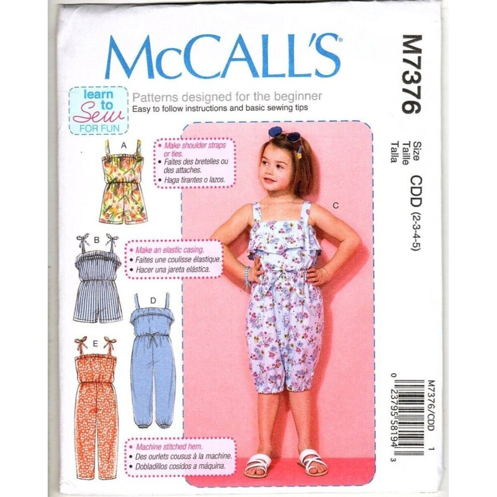 McCall's M7376 Girls 2 to 5 Rompers and Jumpsuits Uncut Sewing Pattern New